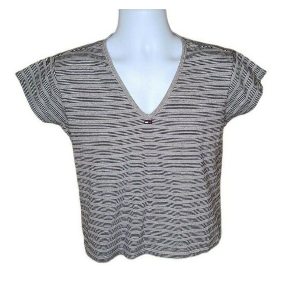Tommy Hilfiger Girls V-Neck Pullover T-Shirt Size Large Blue Stripes w\ Logo